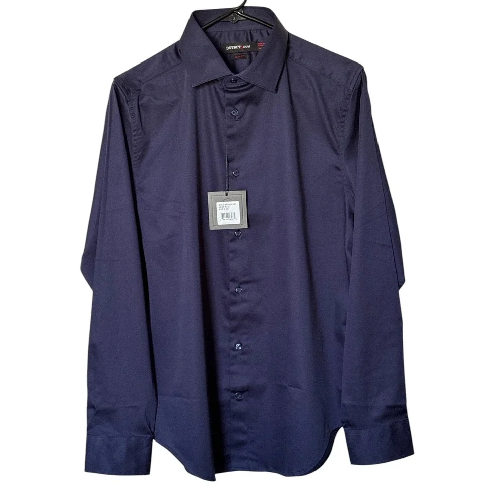 DSTRCT & Row Slim Fit Dress Shirt Navy Size M Wrinkle-Free Long Sleeve Button Up